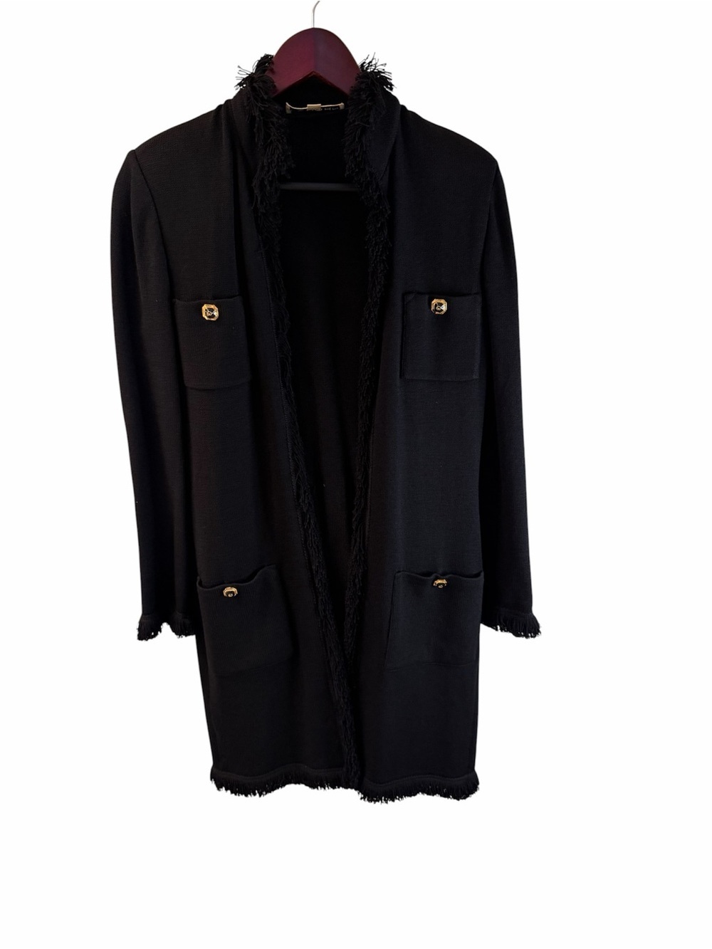 St. John Vintage Black Knit Cardigan with Fringe and Gold Buttons